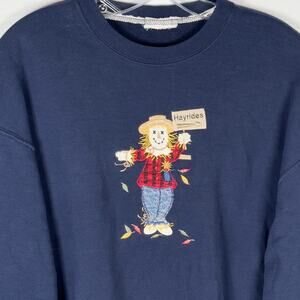 Vintage Scarecrow Women's Crewneck Sweater Navy Hayrides Embroidered Size L